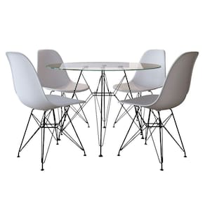 Mesa De Jantar Com 4 Cadeiras Brancas Tampo Vidro Redondo 110Cm Base De Ferro Preto Cor: Branco