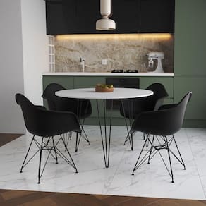 Mesa Jantar Redonda 90Cm Branca Clips 3 Pés Com 4 Poltronas Pretas Ferro Preto - Cor: Branco