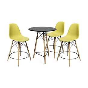 Conjunto Mesa Bistrô Eames Eiffel Preta Com 3 Banquetas Amarelas De Madeira - Cor: Preto