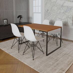 Mesa Industrial Base Ferro Preto Tampo 137X90 Canela 4 Cadeiras Ferro Preto Assento Branco Marrom