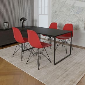Mesa Industrial Base Ferro Preto Tampo 137X90 Preto 4 Cadeiras Ferro Preto Assento Vermelho Preto