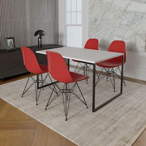 Mesa Industrial Base Ferro Preto Tampo 137X90 Branco 4 Cadeiras Ferro Preto Assento Vermelho Branco
