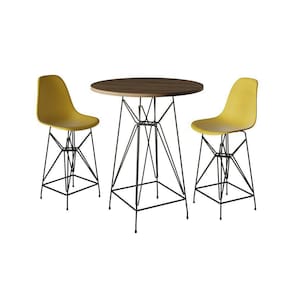Jogo Mesa Bistrô Eames Tampo Amêndoa 60Cm 2 Banquetas Amarela Base Ferro Preto - Cor: Amendoa