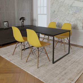Mesa Industrial Base De Ferro Preto Tampo 137X90 Preto 4 Cadeiras Madeira Assento Amarelo Preto