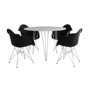 Mesa Jantar Redonda 90Cm Branca Clips 3 Pés Com 4 Poltronas Pretas Ferro Branco - Cor: Branco