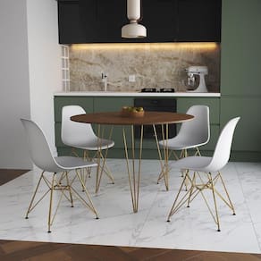 Mesa De Jantar Redonda 90Cm Amêndoa Clips 3 Pés Com 4 Cadeiras Brancas Base Dourada Cor: Amendoa