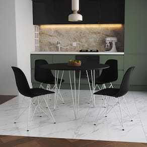 Mesa De Jantar Redonda 90Cm Preta Clips 3 Pés Com 4 Cadeiras Pretas Ferro Branco Cor: Preto
