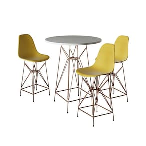 Jogo Mesa Bistrô Eames Branca 60Cm 3 Banquetas Amarela Base Ferro Cobre - Cor: Branco