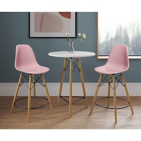 Mesa Bistrô Eames Eiffel Branca Com 2 Banquetas Rosas De Madeira - Cor: Branco