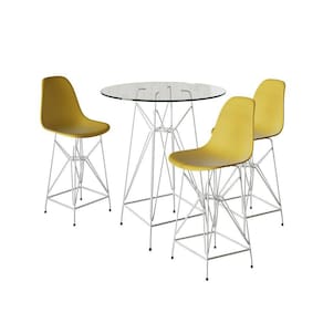 Jogo Mesa Bistrô Eames Vidro 60Cm 3 Banquetas Amarela Base Ferro Branco - Cor: Branco