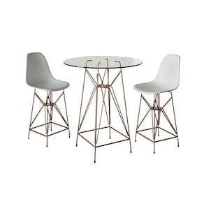 Jogo Mesa Bistrô Eames Vidro 60Cm 2 Banquetas Branca Base Ferro Cobre - Cor: Branco