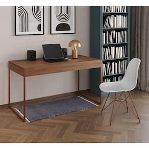 Escrivaninha Industrial Escritório Amêndoa 137X53Cm Malta Com 1 Cadeira Branca Base Cob Cor: Amendoa