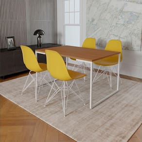 Mesa Industrial Base Ferro Branco Tampo 137X90 Canela 4 Cadeiras Ferro Branco Assento Amarelo Marrom