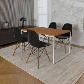 Mesa Industrial Base Ferro Branco Tampo 137X90 Canela 4 Cadeiras Madeira Assento Preto Marrom
