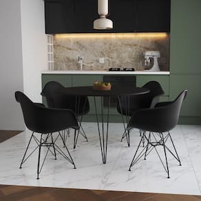 Mesa Jantar Redonda 90Cm Preta Clips 3 Pés Com 4 Poltronas Pretas Ferro Preto - Cor: Preto