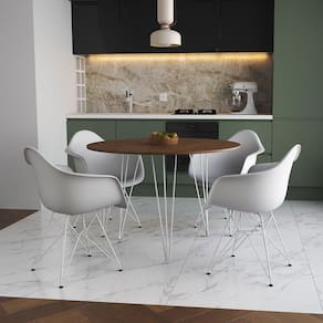 Mesa Jantar Redonda 110Cm Amêndoa Clips 3 Pés Com 4 Poltronas Brancas Ferro Branco - Cor: Amendoa