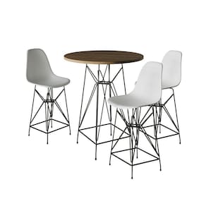 Jogo Mesa Bistrô Eames Tampo Amêndoa 60Cm 3 Banquetas Branca Base Ferro Preto - Cor: Amendoa