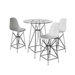 Jogo Mesa Bistrô Eames Tampo Vidro 60Cm 3 Banquetas Branca Base Ferro Preto - Cor: Branco