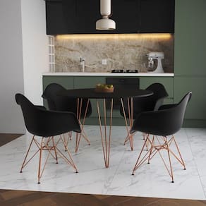 Mesa Jantar Redonda 110Cm Preta Clips 3 Pés Com 4 Poltronas Pretas Base Cobre - Cor: Preto