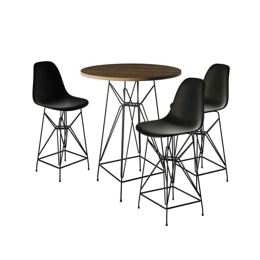 Jogo Mesa Bistrô Eames Amêndoa 60Cm 3 Banquetas Preta Base Ferro Preto - Cor: Amendoa