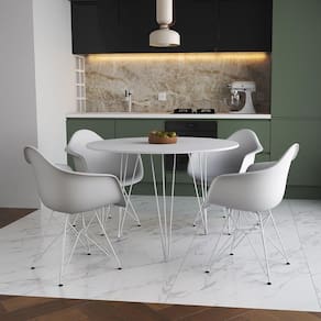 Mesa Jantar Redonda 110Cm Branca Clips 3 Pés Com 4 Poltronas Brancas Ferro Branco - Cor: Branco