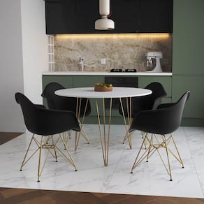 Mesa Jantar Redonda 90Cm Branca Clips 3 Pés Com 4 Poltronas Pretas Base Dourado - Cor: Branco