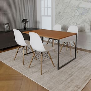 Mesa Industrial Base De Ferro Preto Tampo 137X90 Canela 4 Cadeiras Madeira Assento Branco Marrom