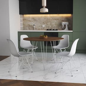 Mesa Jantar Redonda 110Cm Amêndoa Clips 3 Pés Com 4 Cadeiras Brancas Ferro Branco - Cor: Amendoa