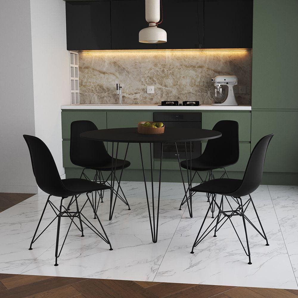 Mesa De Jantar Redonda 90Cm Preta Clips 3 Pés Com 4 Cadeiras Pretas Ferro Preto Cor: Preto