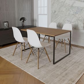 Mesa Industrial Base De Ferro Preto Tampo 137X90 Amêndoa 4 Cadeiras Madeira Assento Branco Marrom