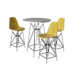 Jogo Mesa Bistrô Eames Branca 60Cm 3 Banquetas Amarela Base Ferro Preto - Cor: Branco