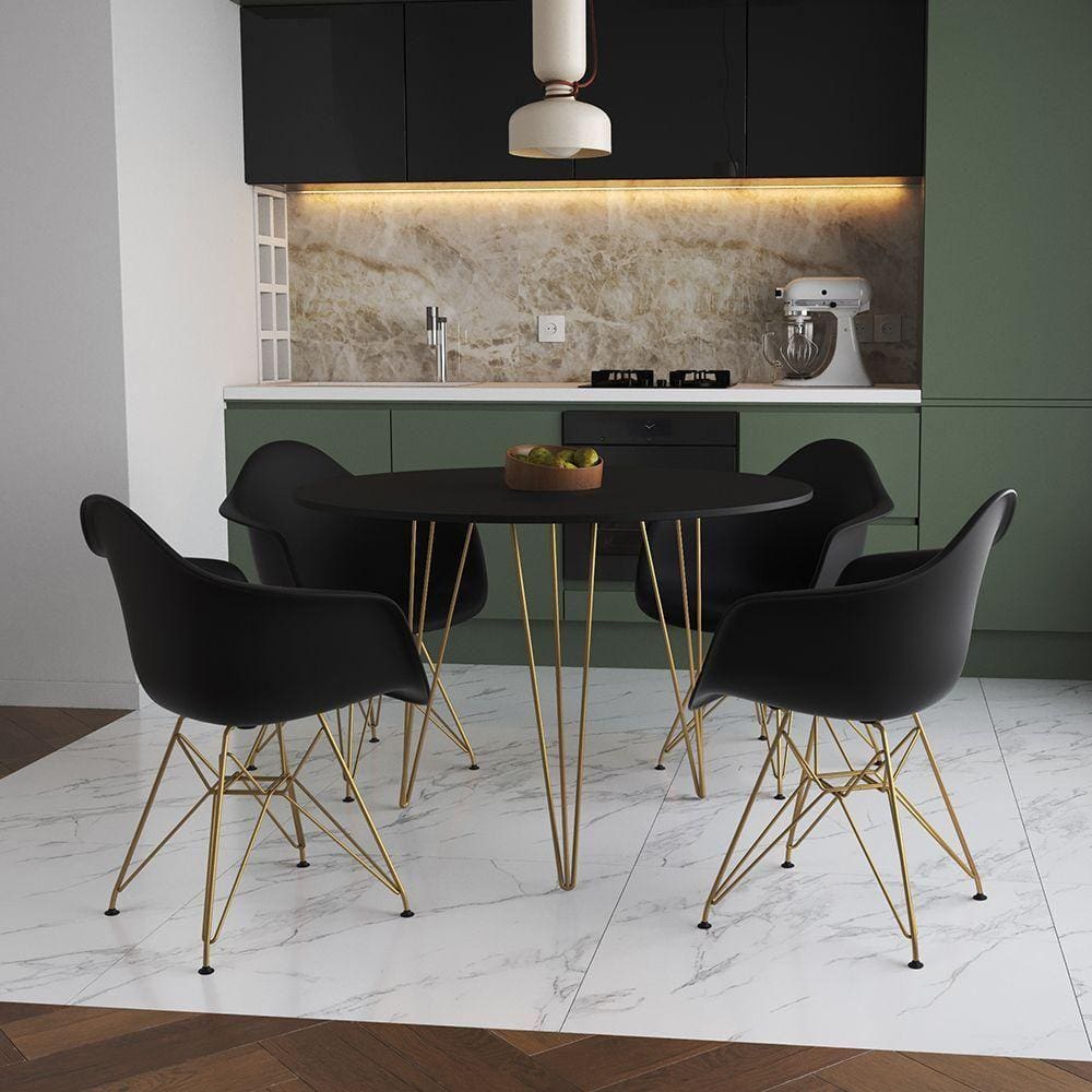 Mesa Jantar Redonda 90Cm Preta Clips 3 Pés Com 4 Poltronas Pretas Base Dourado - Cor: Preto