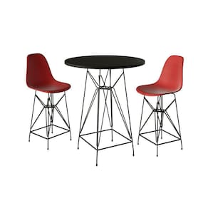 Jogo Mesa Bistrô Eames Preta 60Cm 2 Banquetas Vermelha Base Ferro Preto - Cor: Preto