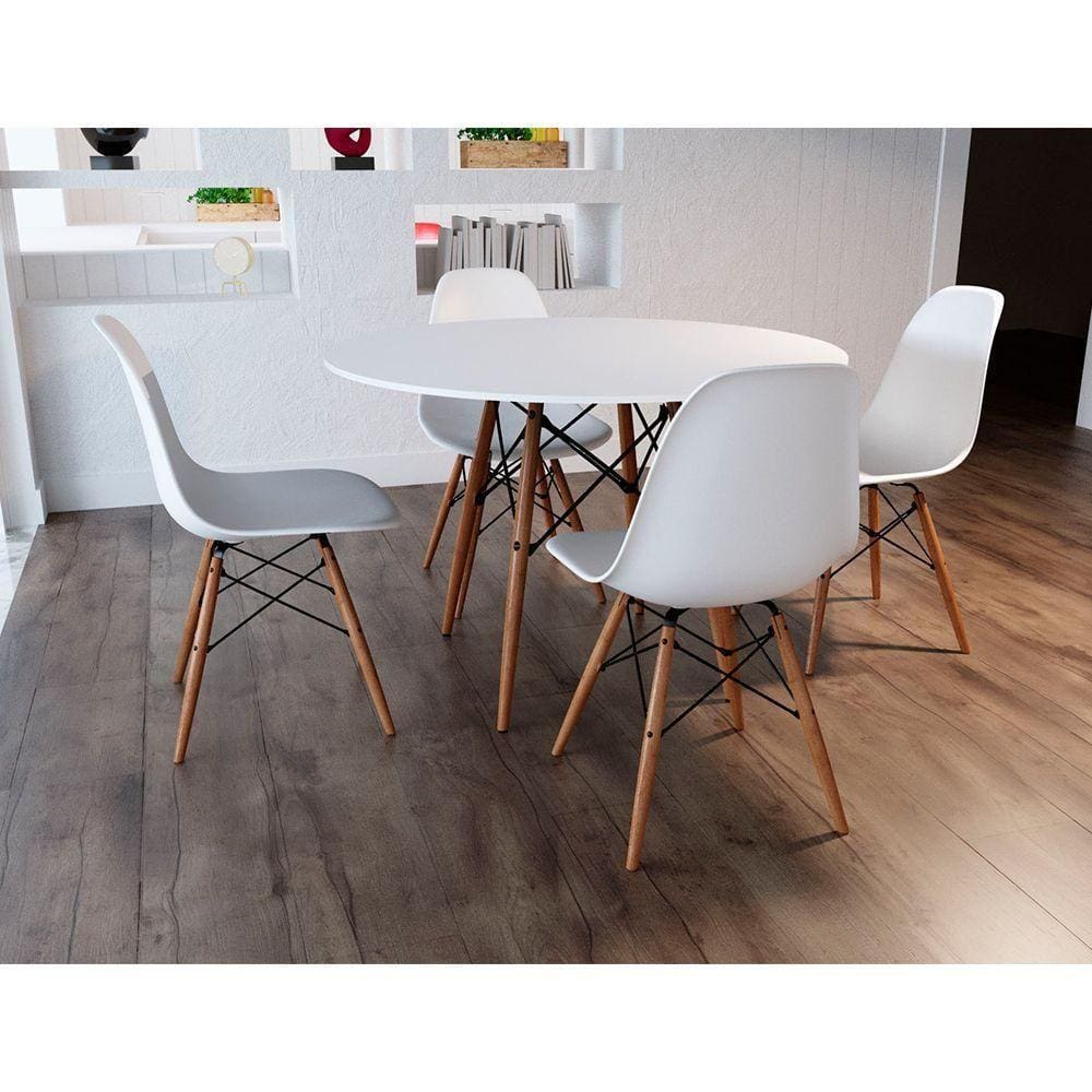 Jogo De Mesa 4 Cadeiras Brancas Dkr 110 Cm Base Madeira Tampo Branco