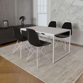 Mesa Industrial Base Ferro Branco Tampo 137X90 Branco 4 Cadeiras Ferro Branco Assento Preto Branco