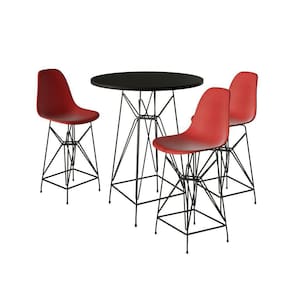 Jogo Mesa Bistrô Eames Preta 60Cm 3 Banquetas Vermelha Base Ferro Preto - Cor: Preto