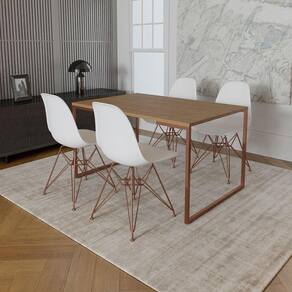 Mesa Industrial Base Ferro Cobre Tampo 137X90 Amêndoa 4 Cadeiras Ferro Cobre Assento Branco Marrom