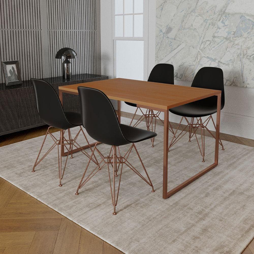 Mesa Industrial Base Ferro Cobre Tampo 137X90 Canela 4 Cadeiras Ferro Cobre Assento Preto Marrom
