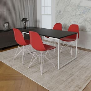 Mesa Industrial Base Ferro Branco Tampo 137X90 Preto 4 Cadeiras Ferro Branco Assento Vermelho Preto