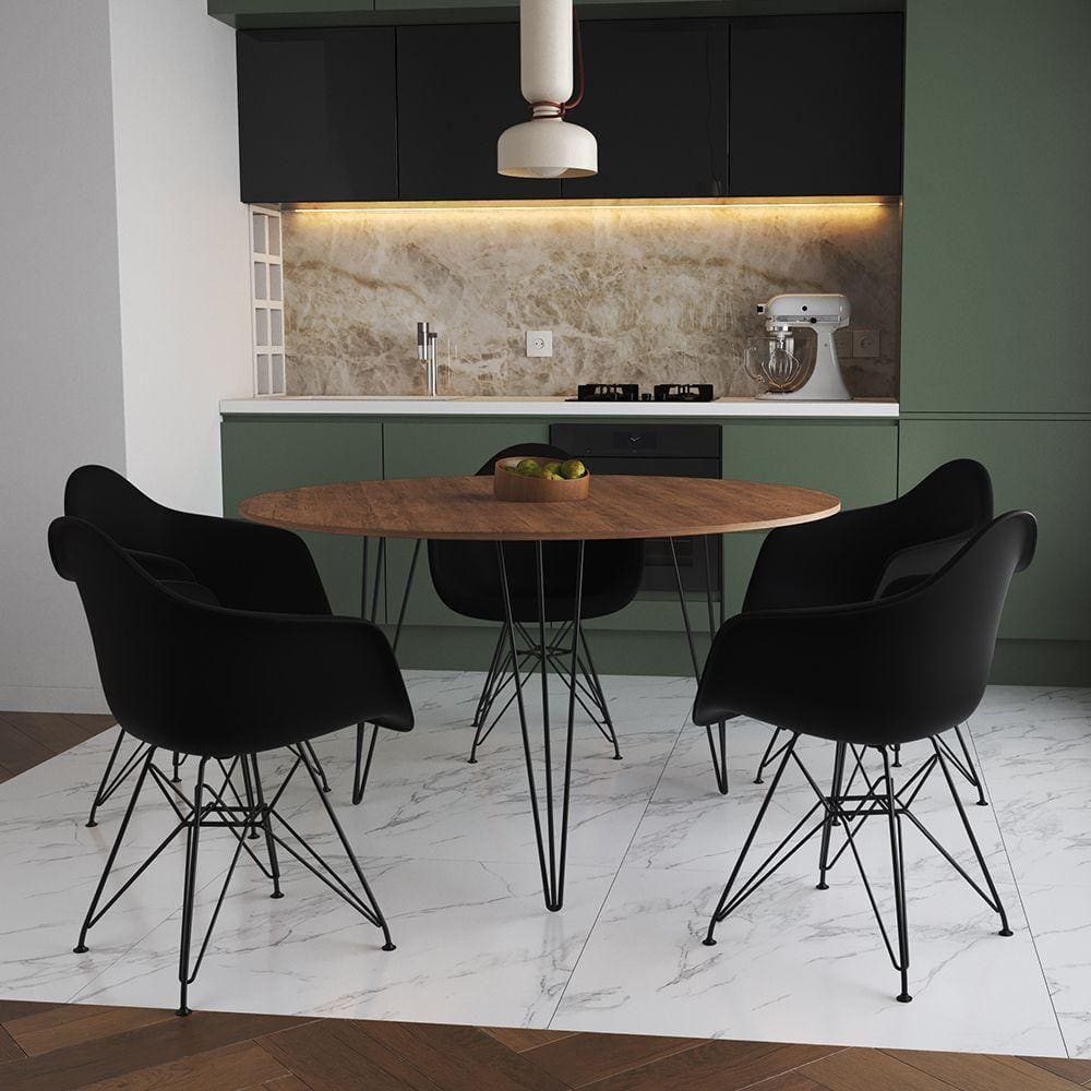 Mesa Jantar Redonda 110Cm Amêndoa Clips 3 Pés Com 5 Poltronas Pretas Ferro Preto - Cor: Amendoa
