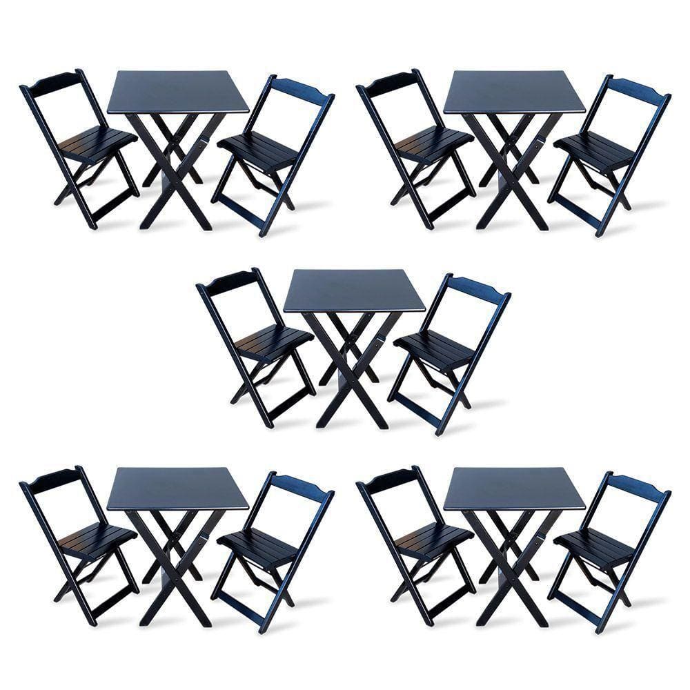 Kit De 5 Conjuntos De Mesa Dobrável 70x70 Com 2 Cadeiras Preto