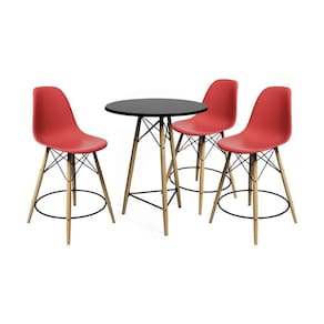 Conjunto Mesa Bistrô Eames Eiffel Preta Com 3 Banquetas Vermelhas De Madeira - Cor: Preto