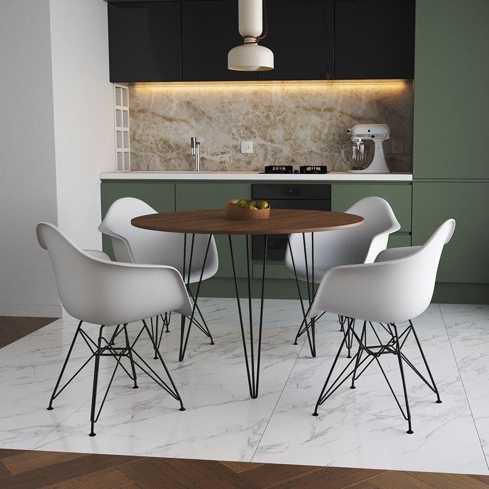 Mesa Jantar Redonda 90Cm Amêndoa Clips 3 Pés Com 4 Poltronas Brancas Ferro Preto - Cor: Amendoa
