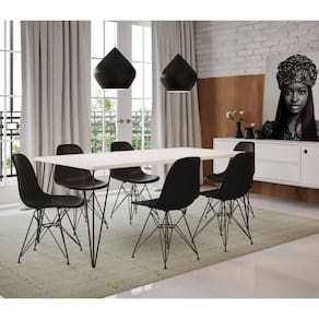 Mesa Sala De Jantar Industrial Branca 135X75 Com 6 Cadeiras Pretas De Ferro Preto Cor: Branco