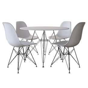 Mesa De Jantar Com 4 Cadeiras Tampo Redondo Branco 90Cm Base De Ferro Preto Cor: Branco