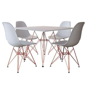 Jogo De Mesa De Ferro Cobre E Tampo Quadrado Branco 90Cm 4 Cadeiras Brancas