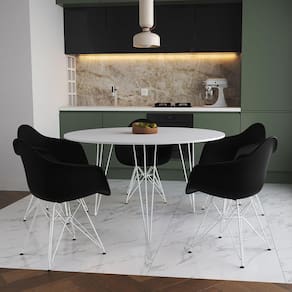 Mesa Jantar Redonda 110Cm Branca Clips 3 Pés Com 5 Poltronas Pretas Ferro Branco - Cor: Branco