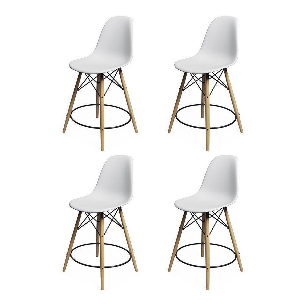 Kit 4 Banquetas Eames Eiffel De Madeira Assento Branco - Cor: Branco