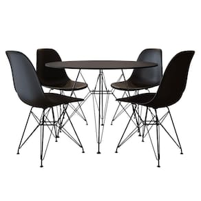 Mesa De Jantar Com 4 Cadeiras Tampo Redondo Preto 90Cm Base De Ferro Preto Cor: Preto