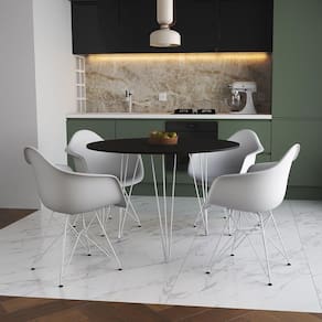 Mesa Jantar Redonda 90Cm Preta Clips 3 Pés Com 4 Poltronas Brancas Ferro Branco - Cor: Preto